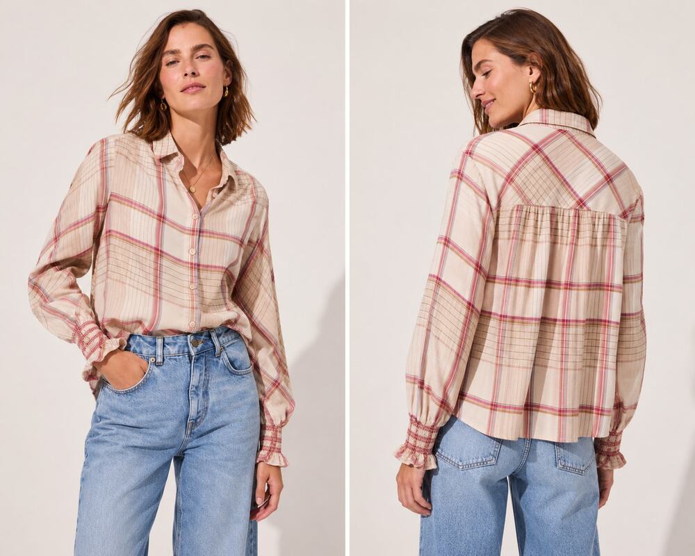 Wrap London Checked Shirt Plaid Button Front Smocked Cuff Blouse US 8 Wool Blend